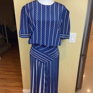 Navy Blue/White VINTAGE (80’s) Striped Polka Dot Pleated Dress (size 10/Xl)